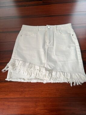 Sam Edelman White Denim Mini Skirt with Asymmetrical Fringed Hem